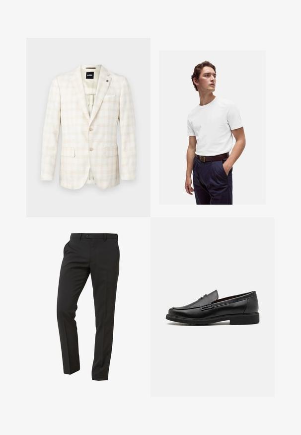 Světlé béžové sako s jemným kostkovaným vzorem, dvěma předními kapsami, uzávěrem na jeden knoflík a bílým kapesníčkem jako akcentem.; Bílý bavlněný tričko s kulatým výstřihem nošené s námořnickými plisovanými kalhotami a hnědým koženým páskem se zlatou sponou.; Next Trousers - Suit Trousers Slim Fit - Oblekové kalhoty - mottled black; Černé syntetické mokasíny s výrazně prošívanou špicí, měkkou stélkou a plochou gumovou podrážkou; elegantní design s minimálním zdobením.
