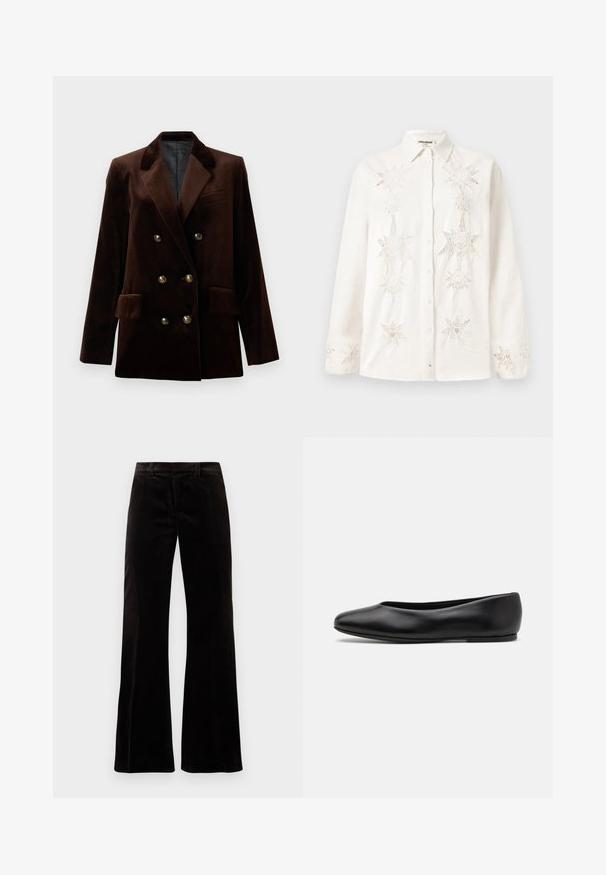 Brauner Samt Doppelreiher-Blazer mit goldenen Knopfdetails, abgesetztem Revers und zwei Fronttaschen. Glatte Textur und strukturiertes Design.; Weißes Hemd mit Knöpfen aus Leinen, das auf der Vorderseite und an den Bündchen mit filigranen sternförmigen Stickereien verziert ist und über ein klassisches Kragen-Design verfügt.; Schwarze Corduroy Schlaghosen mit strukturiertem Bund, glatter Textur und weitem Beinansatz, die eine entspannte Silhouette schaffen.; Paul Smith TOPANGA - Klassischer Ballerina - black