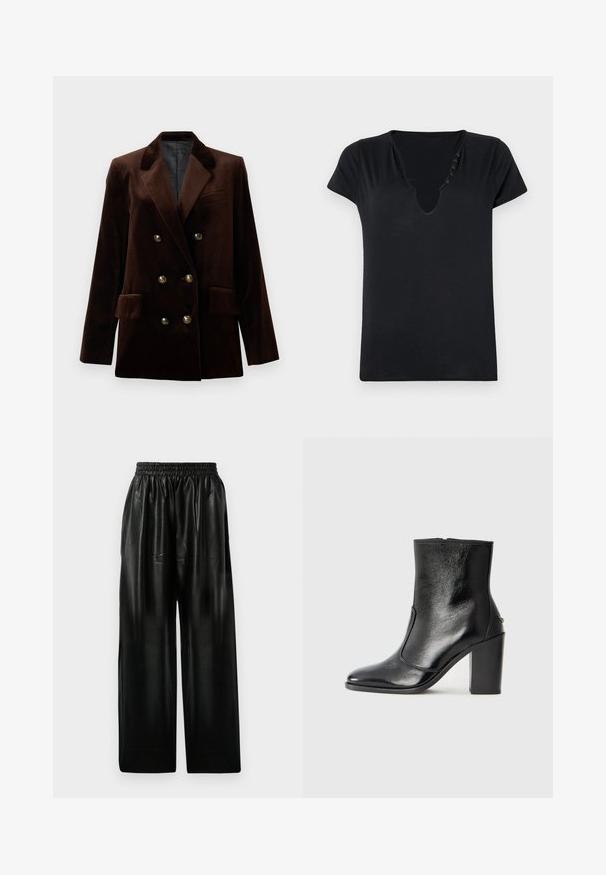 Brauner Samt Doppelreiher-Blazer mit goldenen Knopfdetails, abgesetztem Revers und zwei Fronttaschen. Glatte Textur und strukturiertes Design.; Schwarzes Kurzarm-T-Shirt mit tiefem V-Ausschnitt und fünf dekorativen Knöpfen entlang des Ausschnitts. Glatter Stoff mit lockerer Passform.; Schwarze Leder-Hosen mit weitem Bein und elastischem Bund, ausgestattet mit zwei Seiten Taschen und einer glatten, glänzenden Oberfläche.; Schwarze Leder-Stiefelette mit glatter Textur, spitzem Fuß und klobigem hohen Absatz. Verfügt über eine seitliche Öffnung und ein minimalistisches Design.