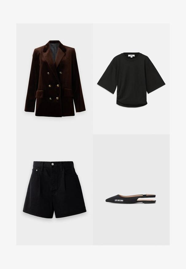 Brązowa aksamitna marynarka dwurzędowa z złotymi guzikami, klapami i dwoma przednimi kieszeniami. Gładka faktura i zwięzły krój.; Czarna koszulka z krótkim rękawem, wykonana z miękkiej bawełny, z okrągłym dekoltem i luźnym krojem, z subtelnym marszczeniem po boku.; Czarne szorty dżinsowe o prostym kroju, z zapięciem na guzik, dwoma przednimi kieszeniami i miękkim, teksturowanym materiałem.; Czarne płaskie buty na pasku z wydłużonym noskiem, wykonane z gładkiego materiału. Wyróżniają się białym logo "LOVE MOSCHINO" oraz minimalistycznym wzornictwem.