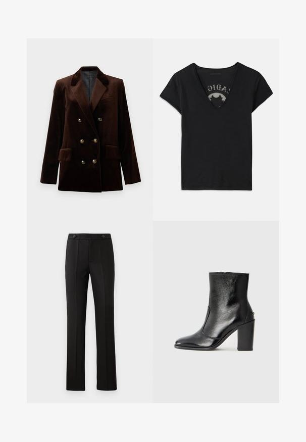 Brown velvet double-breasted blazer with gold hardware buttons, notched lapels, and two front pockets. Smooth texture and structured design.; Black short-sleeve t-shirt with a deep V-neckline, featuring a mesh panel and printed design on the inner layer. Soft, breathable fabric.; Black tailored trousers with a straight leg, two front pockets, a button closure, and pleat detailing on the front. Smooth fabric texture.; Black leather ankle boot with a smooth texture, pointed toe, and a chunky high heel. Features a side opening and minimalistic design.