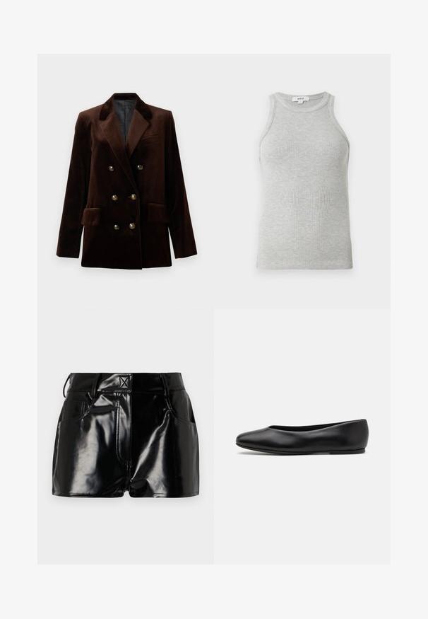 Blazer de terciopelo marrón de doble pecho con botones de hardware dorados, solapas de muesca y dos bolsillos frontales. Textura suave y diseño estructurado.; Camiseta de tirantes gris acanalada con un diseño ajustado, sisas anchas y un escote redondeado. Fabricada en suave algodón con una textura lisa.; Shorts negros y brillantes de material sintético. Presentan una cintura ajustada, trabillas para el cinturón y bolsillos frontales con detalles de costura prominentes.; Paul Smith TOPANGA - Bailarinas - black
