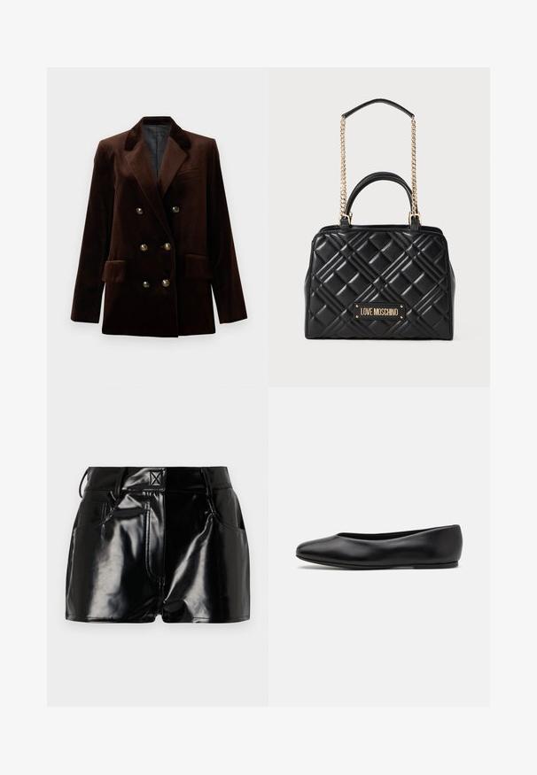 Bruine fluwelen dubbele blazer met gouden knopen, geklede revers en twee voorzakken. Soepele textuur en gestructureerd ontwerp.; Grijze geribde tanktop met een aansluitend ontwerp, brede armsgaten en een ronde hals. Gemaakt van zachte katoenen stof met een gladde textuur.; Zwarte, glanzende shorts van synthetisch materiaal. Heeft een aansluitende taille, riemlussen en voorzakken met opvallende stikseldetails.; Paul Smith TOPANGA - Ballerina's - black; Zwarte gewatteerde handtas met gouden kettinghengsels, voorzien van een rechthoekige bodem en een plaatje met de tekst "LOVE MOSCHINO" in gouden letters.
