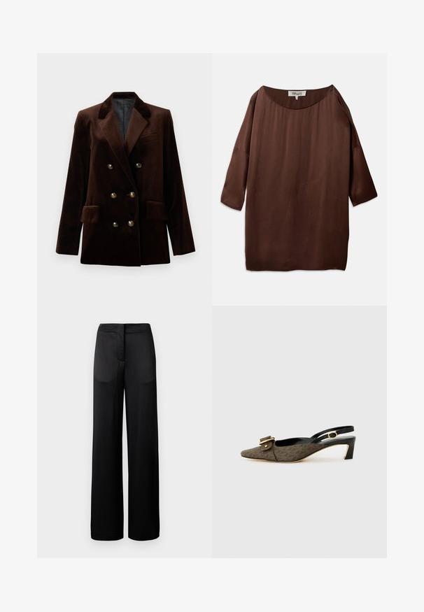Rjav žametni dvoredni blazer z zlatimi gumbki, odrezanimi reverji in dvema sprednjima žeparjema. Gladka tekstura in strukturiran dizajn.; Rjava, ohlapna bluza s širokim čolnastim izrezom in rokavi do tričetrtine, izdelana iz gladkega, teksturiranega blaga. Vrh ima subtilne gubice.; Široke črne hlače z teksturirano površino, ki imajo ravno pasnico in dve stranski žepki. Tkanina se zdi lahka in tekoča.; Slingback pete s koničastim prstom, rjavo vzorčasto blago, podrobnost z zlatim sponko, črni usnjeni trak in kratek blokast peti.