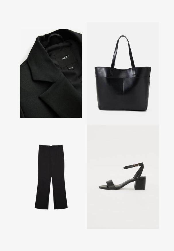 Czarny żakiet z teksturowanej tkaniny, z wyciętym kołnierzem i gładką podszewką. Metka z napisem "NEXT" widoczna wewnątrz kołnierza.; Czarna bluzka z krótkim rękawem, wykonana z gładkiego materiału; posiada dekolt w stylu drapowanym oraz asymetryczny dół, z dopasowanym krojem.; Czarne spodnie o prostym kroju, z przednimi kieszeniami i bocznymi rozcięciami na dole. Wykonane z miękkiego, gładkiego materiału. Odpowiednie na różne okazje.; Czarne sandały na obcasie z gładkiej skóry, z odkrytymi palcami, szerokimi przednimi paskami oraz regulowanym paskiem na kostkę z detalem w postaci złotego zapięcia.; Czarna skórzana torba na ramię z dwoma długimi uchwytami, gładką teksturą i sztywną formą. Posiada przednią kieszeń dla dodatkowego przechowywania.