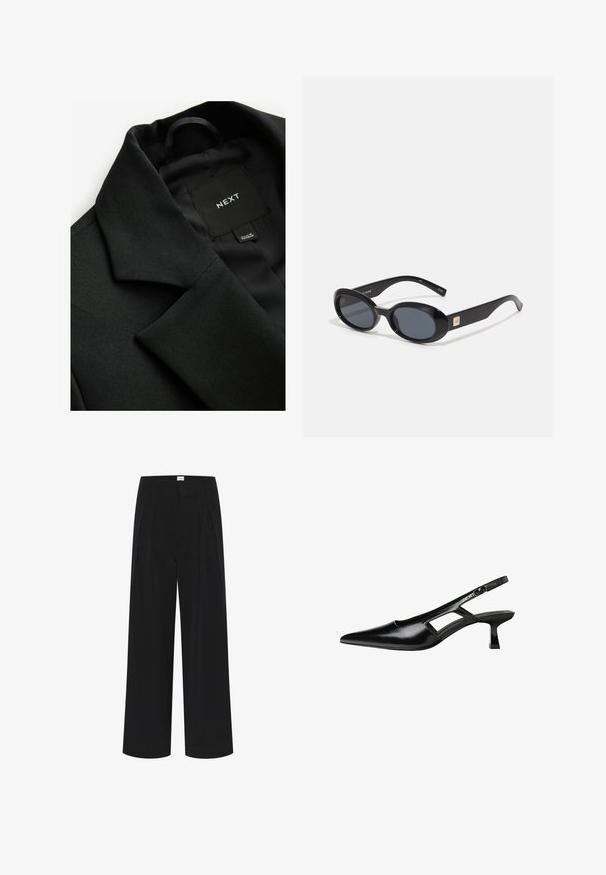 Zwarte blazer van textuurstof, met een schalkraag en een gladde binnenvoering. Etiket met "NEXT" zichtbaar aan de binnenkant van de kraag.; Intimissimi CHRISTMAS - Longsleeve - black; Zwarte wijde beenbroeken met een hoge taille, plooien en een gladde textuur. Minimalistisch ontwerp zonder zichtbare patronen of hardware.; Zwarte gepatineerde leren slingback hakken met een puntige neus, uitsparing aan de zijkant en een kleine vierkante hak. Gladde textuur met minimale accenten.; Zwarte ovale zonnebril met donkere lenzen, glanzend kunststof frame, brede zijkanten en een kleine gouden accent aan de zijkant.