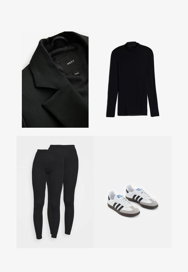 Black blazer with textured fabric, a notched collar, and a smooth inner lining. Tag with "NEXT" visible inside the collar.; Black long-sleeve top with a cowl neck, made from a soft, smooth fabric; fitted design with straight hem and no visible seams.; Black leggings with an elastic waistband, made of a smooth, stretchy fabric. Features a fitted design tapering at the ankles.; Sport shoes with a white leather upper, gray suede toe, and three black stripes. Features a blue logo on the tongue and a textured rubber sole.
