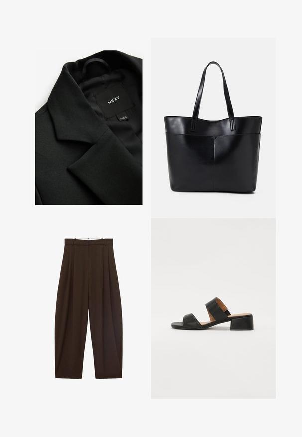Blazer noir en tissu texturé, avec un col cranté et une doublure intérieure lisse. Étiquette "NEXT" visible à l'intérieur du col.; Top court sans manches noir en tissu lisse, avec un col rond et un design épuré, simple, sans motifs ni accessoires.; Pantalons taille haute marron avec des plis, fabriqués en tissu lisse. Coupe ample, design droit, avec passants de ceinture et fermeture éclair.; Sandale en cuir noir avec deux larges bandes traversant le pied, un bout carré et un petit talon carré. Texture lisse et design minimal.; Sac fourre-tout en cuir noir avec deux longues poignées, une texture lisse et une forme structurée. Dispose d'une poche avant pour un rangement supplémentaire.