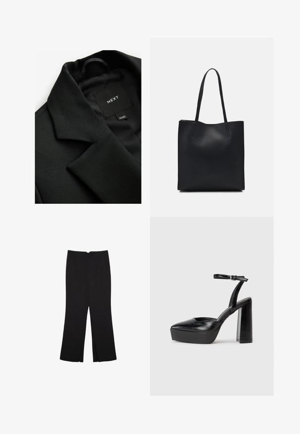 Blazer nero con tessuto testurizzato, colletto a punta e fodera interna liscia. Etichetta con "NEXT" visibile all'interno del colletto.; T-shirt nera a maniche corte in cotone. Presenta un collo rotondo e una vestibilità ampia con una texture liscia e uniforme. Nessun motivo o accento visibile.; Pantaloni neri a gamba dritta, con tasche frontali e spacchi laterali all'orlo. Realizzati in tessuto morbido e liscio. Adatti a diverse occasioni.; Tacchi a piattaforma neri con punta appuntita e cinturino regolabile alla caviglia. Realizzati in pelle liscia, presentano un tacco a blocco spesso.; Borsa tote in pelle nera con texture liscia, forma rettangolare e due manici lunghi. Nessun hardware o decorazione visibile.