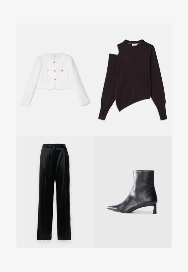 Biely skrátený kabátik z textúrovanej látky s štyrmi zlatými tlačidlami a dvoma prednými vreckami. Dlhé rukávy a okrúhly výstrih.; Čierny pletený sveter s asymetrickým dizajnom, s vystrihnutým ramenom, dlhými rukávmi a výrezmi na manžetách.; Čierne saténové nohavice s vysokým pásom a širokými nohavicami, s pútkami na opasok a s plochým uzatváraním na bielom pozadí.; Čierne kožené členkové topánky s špicatou špičkou a elegantným dizajnom. Majú nízky podpätok a zips na zadnej strane. Hladká textúra.