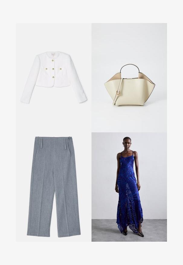 Biely skrátený kabátik z textúrovanej látky s štyrmi zlatými tlačidlami a dvoma prednými vreckami. Dlhé rukávy a okrúhly výstrih.; Čierny dlhý rukáv top vyrobený z mäkkej tkaniny, s okrúhlym výstrihom a voľným strihom s bočnými rozparokmi na leme pre pohodlný pohyb.; Svetlo šedé, široké nohavice vyrobené z textúrovanej tkaniny, s dvoma prednými záhybmi a dvoma bočnými vreckami. Čistý, strihovo presný dizajn.; Maxi šaty s potlačou zvieracích vzorov v modrej a fialovej farbe, s tenkými ramienkami, priliehavým telom, rozšíreným lemom a priesvitnými detailmi.; Ree Projects ANN - Kabelka - beige