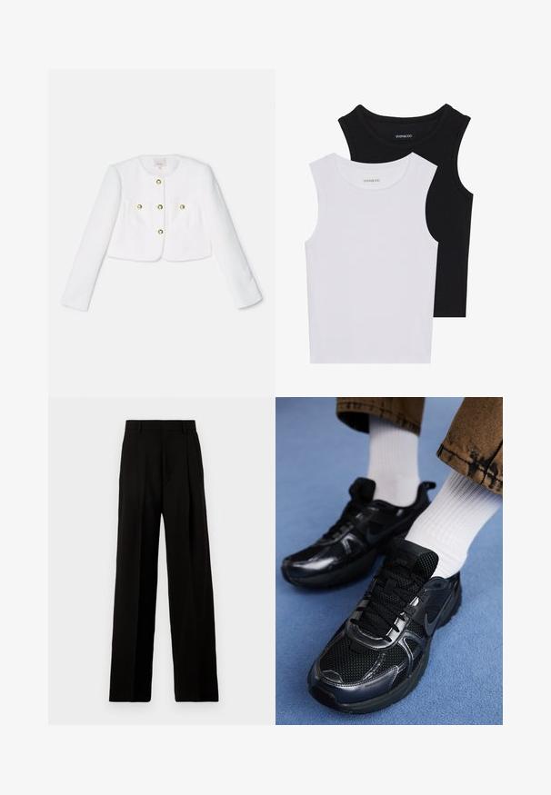 Weiße, hochgeschnittene Jacke aus strukturiertem Stoff mit vier goldfarbenen Knöpfen und zwei vorderen Taschen. Lange Ärmel und runder Ausschnitt.; Zwei ärmellose Oberteile in Schwarz und Weiß, aus geripptem Baumwollstoff, mit runden Ausschnitten und einem taillierten Design. Etiketten auf beiden sichtbar.; Schwarze, weit geschnittene Hosen aus glattem Stoff, mit hoher Taille, Vorderfalten und einem sauberen, maßgeschneiderten Design ohne Verzierungen.; Schwarze Nike Sportschuhe mit einem oberen Teil aus Mesh und glänzenden Akzenten, schwarzen Schnürsenkeln und einer strukturierten Sohle. Kombiniert mit weißen gerippten Socken.