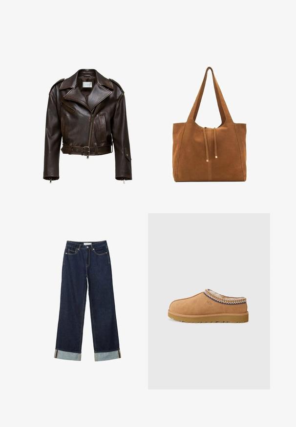 Hnedá kožená skrátená bunda so širokým golierom, zipsom vpredu, viacerými vreckami a nastaviteľným pásom. Obsahuje kovové komponenty a hladkú textúru.; Mäkký béžový sveter s dlhým rukávom a okrúhlym výstrihom, s rebrovými rukávmi, spodným lemom a výstrihom, vystavený položený na bielom pozadí.; Tmavo modré široké nohavice s vysokým pásom, s manžetami, kontrastným šitím a dizajnom s piatimi vreckami. Vyrobené z denimu.; Béžové semišové slip-on topánky s textúrovanou vlnenou podšívkou a dekoratívnym etnickým šitím okolo goliera. Majú gumovú podrážku.; Hnedá semišová taška cez rameno s dvoma dlhými popruhmi, sťahovacou šnúrkou a minimalistickým dizajnom. Hladký povrch a žiadne viditeľné kovové doplnky.