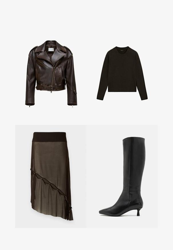 Brun læder cropped jakke med en bred krave, lynlås foran, flere lommer og justerbart bælte. Har metalbeslag og en glat tekstur.; Mørkebrun strikket sweater med rund hals, lange ærmer og ribbet kant. Blød tekstur med en afslappet pasform, velegnet til lag-på-lag.; Sort meshnederdel med en tætsiddende talje, asymmetrisk kant, dekorative knapper foran og lagdelt gennemsigtig tekstur.; Zign Høje støvler/ Støvler - black