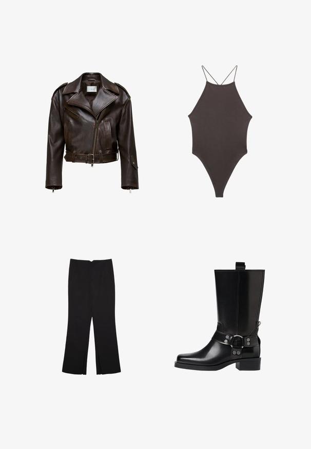 Brun læder cropped jakke med en bred krave, lynlås foran, flere lommer og justerbart bælte. Har metalbeslag og en glat tekstur.; Brun højhalset heldragt badedragt med tynde, justerbare stropper; har højt skåret ben og glat tekstur. Ingen mønstre eller udsmykninger.; Sorte bukser med lige pasform, der har frontlommer og slidser i kanten. Lavet af blødt, glat stof. Velegnet til forskellige anledninger.; Sort læderknæhøj støvle med spids tå, sølv spænde detaljer og en robust hæl. Har en trækflap for nem påtagning.