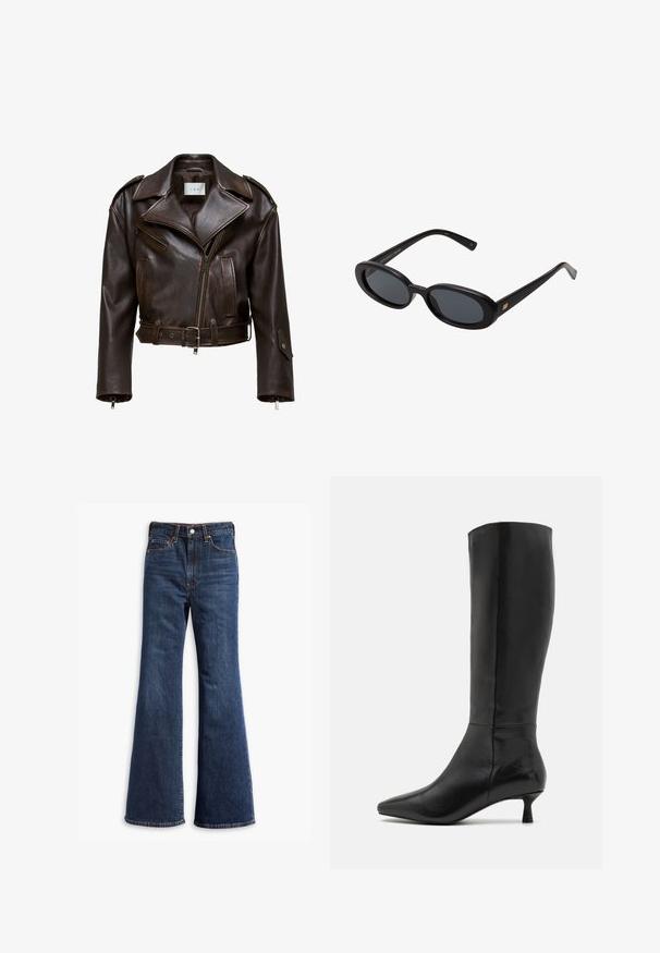 Brun læder cropped jakke med en bred krave, lynlås foran, flere lommer og justerbart bælte. Har metalbeslag og en glat tekstur.; Hvid ærmeløs tanktop med rund halsudskæring, lavet af ribbet materiale; enkel design uden mønstre eller udsmykninger.; Højtaljede mørkeblå denim jeans med udvidede ben, frontknap og lynlås lukning, samt fem-lommer design.; Zign Høje støvler/ Støvler - black; Store store