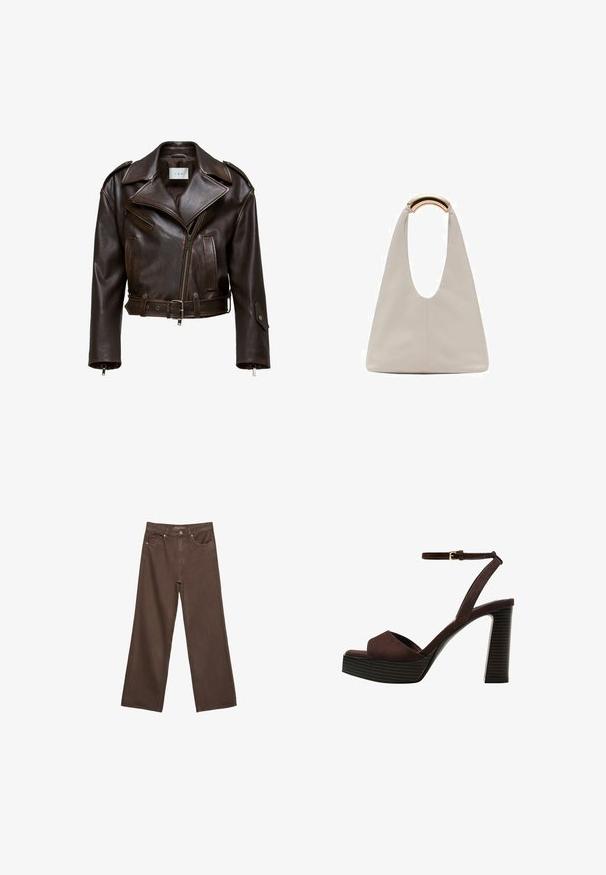 Braune Leder-Cropped-Jacke mit breitem Kragen, Reißverschluss vorne, mehreren Taschen und verstellbarem Gürtel. Verfügt über metallische Beschläge und eine glatte Textur.; Braunes, kurzärmliges T-Shirt aus weichem Material mit rundem Halsausschnitt und lockerer Passform. Keine sichtbaren Muster oder Akzente.; Weite braune Jeans aus Denim, mit hoher Taille, Fronttaschen und klassischem Knopfverschluss. Glatte Textur mit feinen Nähten.; Braune Wildleder-Pumps mit offenem Zeh, verstellbarem Knöchelriemen und gestreiftem Plateausohlen.; Hellgraue Lederhandtasche mit einem U-förmigen Design und einem geschwungenen, metallischen Griff. Glatte Textur mit minimalen Nähten und ohne sichtbare Muster.