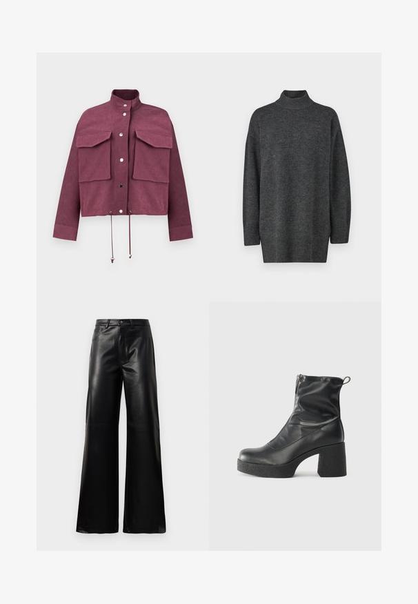 Veste courte bordeaux en tissu texturé avec deux grandes poches poitrine, fermetures à boutons-pression et cordons ajustables à l'ourlet.; Pull noir gris, ample, encolure boule, fabriqué en matériau tricoté doux, avec des manches longues et un ourlet côtelé ; texture lisse, design minimaliste.; Pantalons larges en faux cuir noire taille haute avec bouton avant, fermeture éclair, passants de ceinture et poches latérales sur fond blanc.; Bottes noires à la cheville en cuir lisse, dotées d'une fermeture éclair sur le côté, d'un talon épais texturé et d'une conception à bout rond.