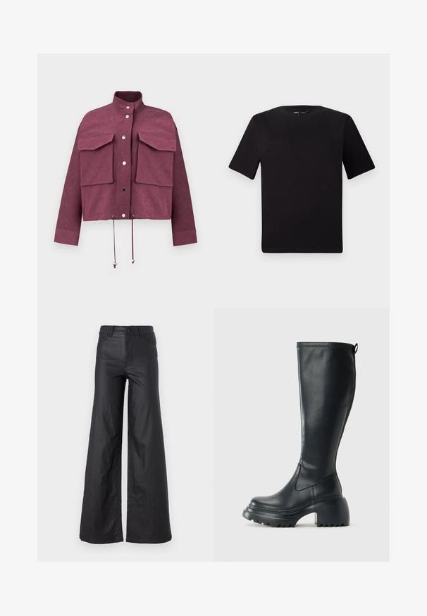 Giacca cropped bordeaux realizzata in tessuto testurizzato, con due grandi tasche sul petto, chiusure a bottoni a pressione e coulisse regolabili all'orlo.; T-shirt nera a maniche corte con scollatura rotonda, realizzata in morbido cotone. Design semplice, senza loghi o motivi visibili.; Pantaloni neri a gamba larga in materiale similpelle. Presentano un vita alta, passanti per la cintura, due tasche frontali e dettagli cuciti.; Stivale lungo in pelle nera con suola piatta robusta e tacco a blocco, dotato di linguetta e battistrada testurizzato sulla suola.