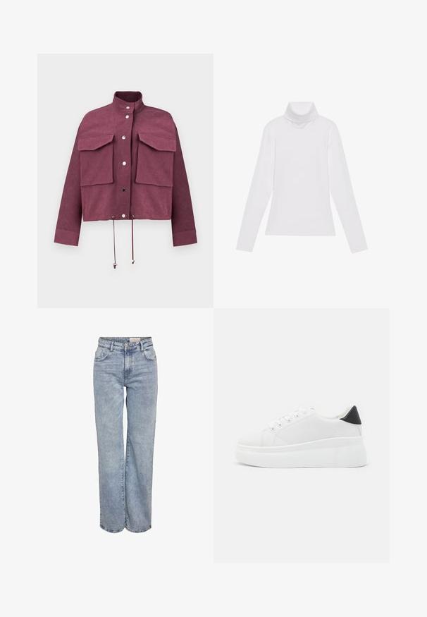 Weinroter, taillierter Blazer aus strukturiertem Material mit zwei großen Brusttaschen, Druckknopfverschlüssen und verstellbaren Kordeln am Saum.; Weißes Langarm-Turtleneck-Oberteil aus glattem, elastischem Stoff. Mit hohem Kragen und tailliertem Schnitt, ohne sichtbare Muster oder Verzierungen.; Hellblau weite Jeans aus Denim, mit hoher Taille, fünf Taschen-Design und subtilen Ausbleichungen für einen eingesessenen Look.; Weiße Plateausneaker aus glattem Kunstmaterial, mit runder Zehenform, Schnürdesign und einer strukturierten Gummisohle. Schwarzer Fersenakzent.