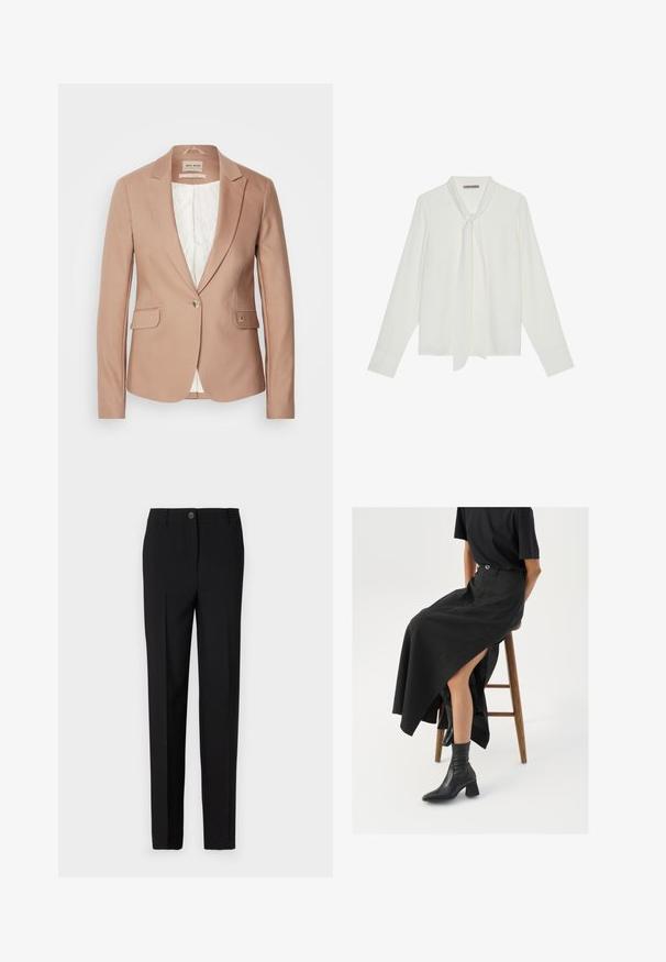 Blago roza blejzer z zareznimi reverji, enim gumbom za zapiranje in dvema sprednjima žepoma; teksturirano blago, mehak podlog v beli barvi.; Bela bluza z dolgimi rokavi iz gladkega materiala, ki ima zavezo okoli vratu in prilagojene manšete. Preprost, klasičen dizajn brez vzorcev.; Črne krojene hlače s ravnim krojem, z gumbom za zapiranje in zankami za pas, narejene iz gladkega materiala.; Črna lanena maxi krilo z visokim razporkom, oblečeno s črno majico in črnimi gležnjarji. Minimalističen dizajn z udobnim krojem.