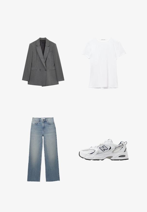 Blazer gris à rayures, avec un avant croisé, des revers crantés, deux poches avant et une doublure noire. Il présente des épaules structurées et une coupe ajustée.; T-shirt blanc à manches courtes en tissu lisse, avec un col rond et de subtils détails de couture à l'ourlet.; Jeans large en denim bleu clair, dotés d'une taille haute, de poches avant et d'une fermeture à bouton. Texture lisse avec des zones décolorées.; B baskets blanches avec une tige en mesh, des accents bleu marine et une semelle rembourrée. Présente le logo "N", des lacets et un détail texturé sur le côté.