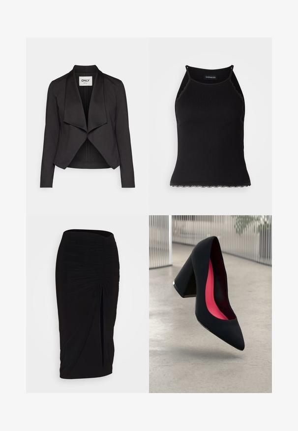 Must karu lühike jakk, millel on rippuv eesmine osa, pikad varrukad ja sile tekstuur. Omab avatud disaini ning minimalistikku sildikest kaelaosas.; Must mustriba top musta servadega äärega. Omab peeneid rihmu ja istuvat disaini. Valmistatud venivast kangast.; Mustast, rikutud pliiatsiseelik sidumisdetailiga ja küljes lahtise lõhenemisega. Valmistatud venivast kangast, millel on sile tekstuur ja keha lähedane lõige.; Mustad must kõrged kontsad, terava ninaga, tekstuurse pinnaga ning erksa roosa sisemusega. Omab paksu kontsa koos hõbedase aktsendiga.