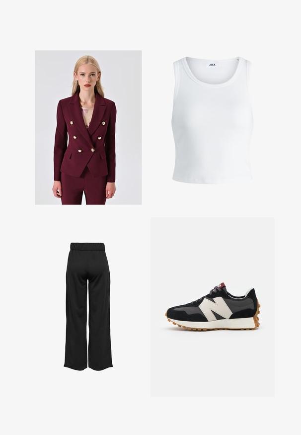 Bordeaux dubbelzijdig blazer met gouden knopen, twee voorzakken en een gestructureerd ontwerp. Draagt over een lichte gebloemde top.; Witte geribbelde tanktop met een ronde hals, zonder mouwen en een cropped lengte. Label draagt "JJXX." Gladde stoftextuur.; Zwarte, wijde broek met een elastische tailleband, gemaakt van gladde stof. Heeft een strakke uitstraling zonder zakken of zichtbare stikseldetails.; Zwarte en grijze suède sneaker met een groot crèmekleurig "N"-logo, paarse veters en een gestructureerde rubberen zool van gum.