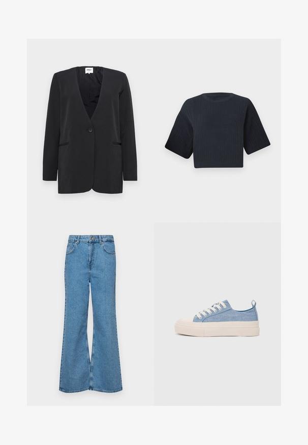 Mustus bleiser v-kaelusega, ühe nööbiga sulgemise ja kahe ees oleva taskuga. Valmistatud siledast kangast, sellel on pikad varrukad ja minimalistik disain.; Tume mere värvitud lühike kudumipee, millel on soonikkoes tekstuur, lühikesed laiad varrukad ja ümmargune kaelus. Lihtne disain, nähtavaid mustreid ega aktsente pole.; Heledad sinine flared teksade rõivad, millel on kõrge talje, viis taskut ja üks nupulukk. Pehme tekstuur ja pleekinud viimistlus.; Heledad sinised kangast tennisekingad koorevärvi kummist varbakatte ja taldaga, millel on valged paelad ja tõmblukk kandadel.