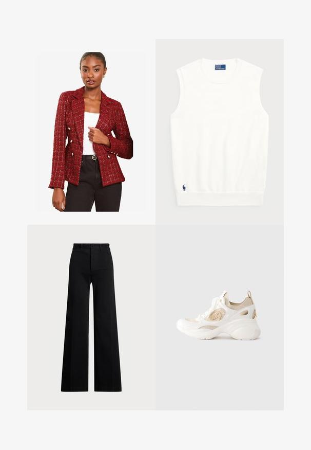 Lipsy REGULAR FIT - Žakete - red; Balts bezpaliktņa džemperis, izgatavots no gludas kokvilnas, ar ribotu apmalīti un mazu tumši zilu logotipu apakšējā kreisajā stūrī. Vienkārša dizaina, bez rakstiem.; Melni platā kāju bikses, izgatavotas no austas auduma, ar augstu jostasvietu, priekšējo pogu aizdari un sānu kabatām. Gluda tekstūra ar skaidrām līnijām.; Baltas un bežs adīts sporta apavi ar masīvu zoli, aukliņu priekšpusi, zīmola logo sānos un cilpu uz papēža uz vienkārša fona.