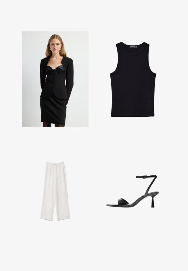 Svart figurnära kavaj med djup satinbyst, tre knappar fram, och långa ärmar. Tillsammans med en svart pennkjol.; Svart linne i bomull, med rund halsringning och breda armhål. Slät yta med sydda fållar. Klassisk, minimalistisk design.; Vita vida byxor i vid passform gjorda av ett lättviktsmaterial. Har en elastisk midja med dragsko och sidofickor. Slät textur.; Bershka Sandaletter - black