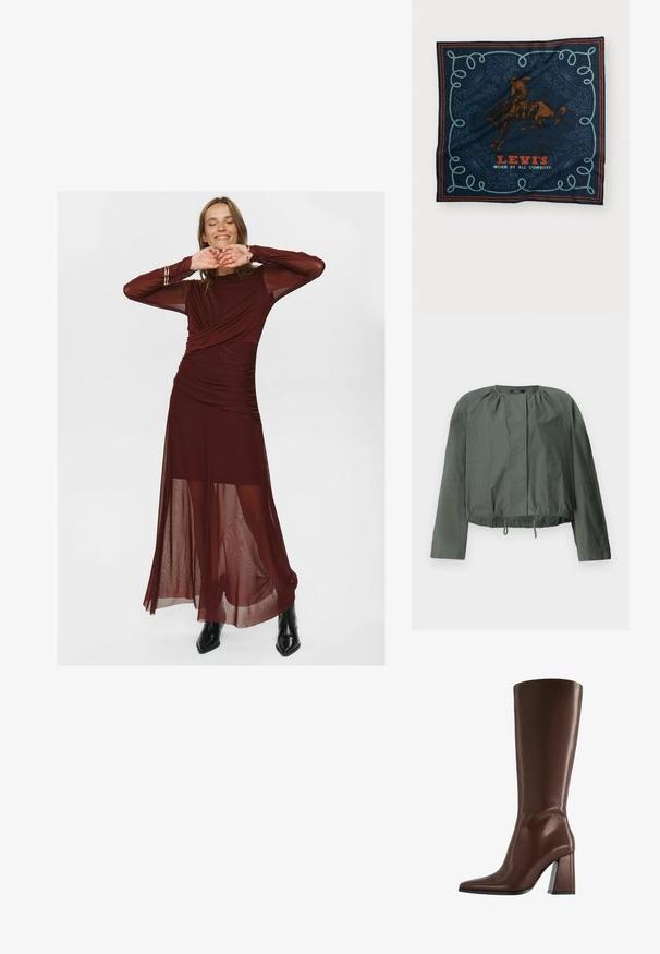Khaki zielona krótka kurtka z długimi rękawami, z marszczeniami przy dekolcie, dwiema przednimi kieszeniami i regulowanym ściągaczem na dolnym brzegu.; Długa burgundowa sukienka wykonana z przejrzystej i gładkiej tkaniny, z opadającym dekoltem, marszczonymi detalami i przezroczystymi długimi rękawami.; Brązowy skórzany kozaki za kolano z szpiczastym noskiem i masywnym obcasem o średniej wysokości, przedstawione z profilu na białym tle.; Granatowy jedwabny szalik z grafiką jeźdźca na brązowym koniu, dekoracyjnym wzorem niebieskiego sznura oraz napisem „LEVI’S NOSZONY PRZEZ WSZYSTKICH KOWBOJÓW” na czerwono.