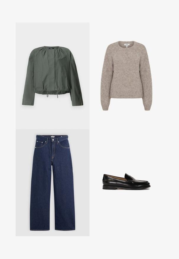 Veste cropped vert khaki avec des manches longues, des détails froncés au niveau du col, deux poches avant et un ourlet réglable avec cordon.; b.young BYMILLER - Pullover - humus melange; T-shirt en coton blanc à manches courtes et encolure ronde. Présente une étiquette rose sur le col intérieur. Texture lisse.; Jeans en denim bleu foncé à jambes larges avec une taille haute, dotés de cinq poches, passants de ceinture et détails de couture en cuivre. Texture lisse.; Mocassin en cuir noir avec un bout arrondi, design à enfiler et détails de couture subtils le long de la tige. Semelle plate en caoutchouc.