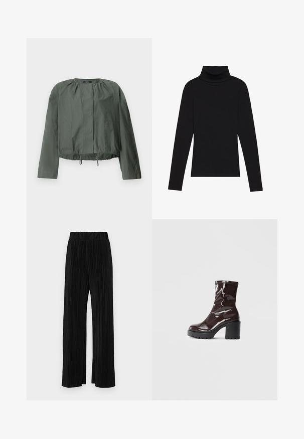 Khaki groene cropped jas met lange mouwen, geplooide details bij de nek, twee voorkanten zakken en een verstelbare trekkoordzoom.; Zwarte turtleneck met lange mouwen, gemaakt van ribbelstof, heeft een aansluitend ontwerp met een hoge hals en geen patronen of accenten.; Zwarte geplooide broek met een elastische tailleband. Beschikt over wijde pijpen en een glad, gestructureerd stof met verticale strepen.; Glanzende bordeauxrode enkelboot met een chunky zwarte hak, met een gladde textuur en een eenvoudig ontwerp. Geen zichtbare sluitingen of patronen.