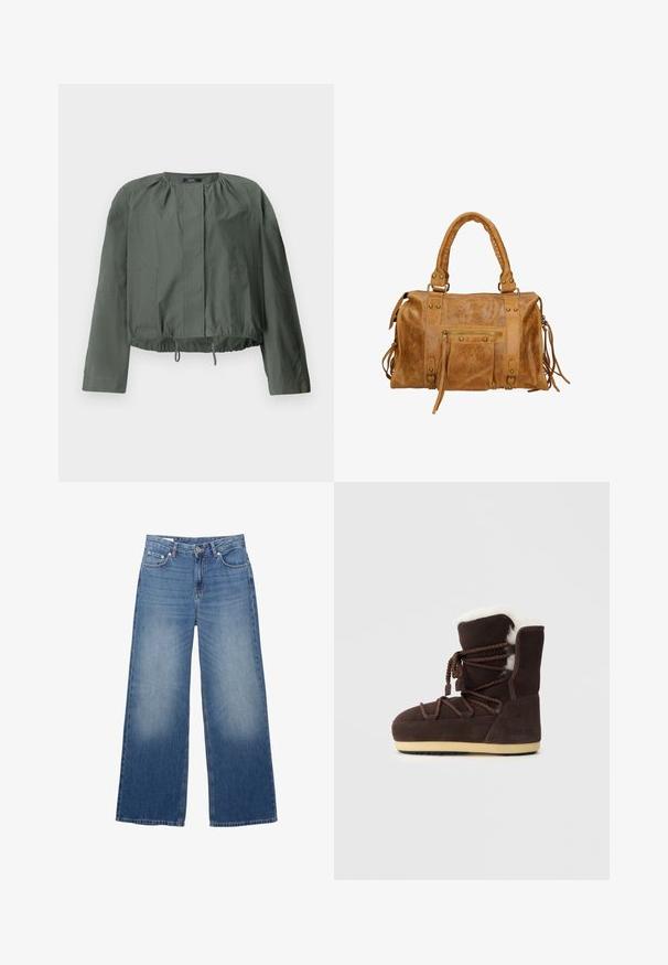 Khaki groene cropped jas met lange mouwen, geplooide details bij de nek, twee voorkanten zakken en een verstelbare trekkoordzoom.; Crème lange mouw top met een V-hals, voorzien van een fijne kantafwerking bij de halslijn en kantaccenten bij de manchetten. Zachte stofstructuur.; Wijdvallende, lichtblauwe denim jeans met een verouderde uitstraling, vijf zakken en een knoopsluiting bij de taille. Katoenen materiaal, rechte pasvorm.; Bruine suède laars met een witte nepbont bovenkant, veters en een beige rubberen zool. Aan de zijkant staat de tekst "MOON BOOT."; Tan leren handtas met twee korte handvatten, ritsvak, metalen accenten en decoratieve zijtassels. Zachte textuur met een licht gerimpelde afwerking.