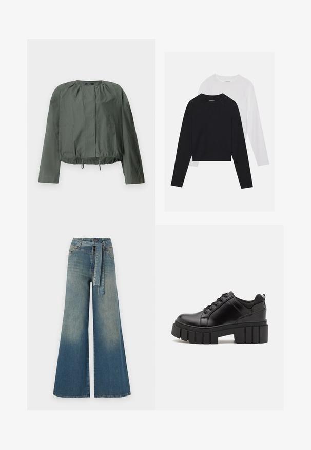 Khaki zelená skrátená bunda s dlhými rukávmi, zhrnutím pri výstrihu, dvoma prednými vreckami a nastaviteľným sťahovacím lemom.; Dvoje tričiek s dlhým rukávom: jedno čierne a jedno biele. Obe majú okrúhly výstrih, raglánové rukávy a mäkkú zmes bavlny.; Džínsy s širokými nohavicami, ktoré majú prechod od svetlomodrej po tmavomodrú, vysoký pás, pútka na opasok a opasok z rovnakého materiálu. Textúrovaný denimový povrch.; Čierne kožené platformy s masívnym blokovým podpätkom, okrúhlou špičkou a tradičným šnurovaním. Má hladký povrch a minimálne detaily.