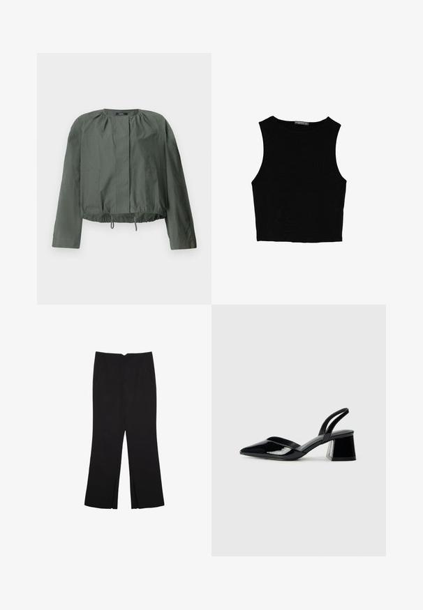 Khaki grønne cropped jakke med lange ærmer, samling detaljer ved halsudskæringen, to forlommer og justerbar snøre i kanten.; Sort ærmeløs crop top lavet af glat stof, med rund hals og et rent, enkelt design uden mønstre eller hardware.; Sorte bukser med lige pasform, der har frontlommer og slidser i kanten. Lavet af blødt, glat stof. Velegnet til forskellige anledninger.; Sorte patentlæder slingback hæle med spids tå og en geometrisk blok hæl. Har et elegant, minimalistisk design og en glat tekstur.