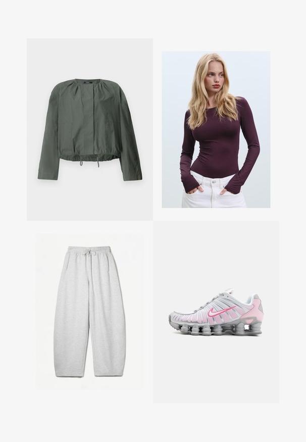 Khaaki vihreä lyhyt takki, jossa on pitkät hihat, rypistyksellä varustettu kaula-aukko, kaksi etupussia ja säädettävä nauhakiristus helmassa.; Burgundy pitkähiha, muotoonompelu ykkönen pyöreällä kaula-aukolla ja peukaloaukoilla, yhdistettynä valkoisiin korkeavyötäröisiin housuihin. Sileä kangas ja joustava rakenne.; Harmaat rentosäärystimet, joissa on rento istuvuus, joustava vyötärö, nyöri ja sivutaskut; valmistettu pehmeästä, teksturoidusta kankaasta.; Kengät Nike urheiluvalkoiset ja vaaleanpunaiset. Niissä on verkkopäällinen ja erottuva kaareva pohja, jossa on näkyvää ilmatyynyä.