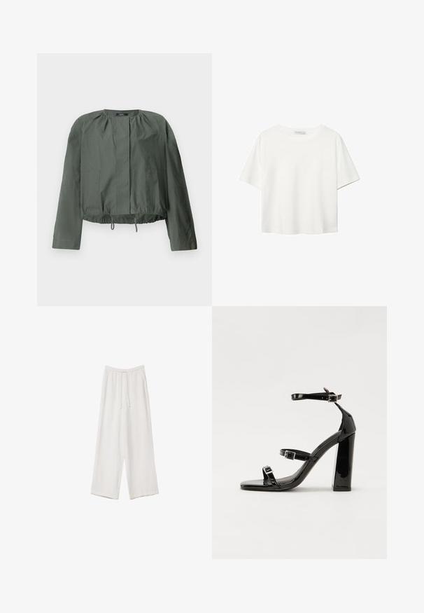 Khaki zelena krajša jakna z dolgimi rokavi, zbiranje na ovratniku, dvema sprednjima žepoma in nastavljivim naramnicami.; Bela kratka majica s kratkimi rokavi iz bombaža. Ima okroglo izrezovanje in sproščen kroj. Gladka tekstura brez vidnih vzorcev ali poudarkov.; Bele široke hlače iz lahkega materiala. Imajo elastičen pas s vrvico in stranske žepe. Gladka tekstura.; Črne lakirane sandale s peto, kvadratnim prstom, trakovi okrog gležnja in srebrnimi zaponkami. Opremljene so s stabilno Debelo peto.