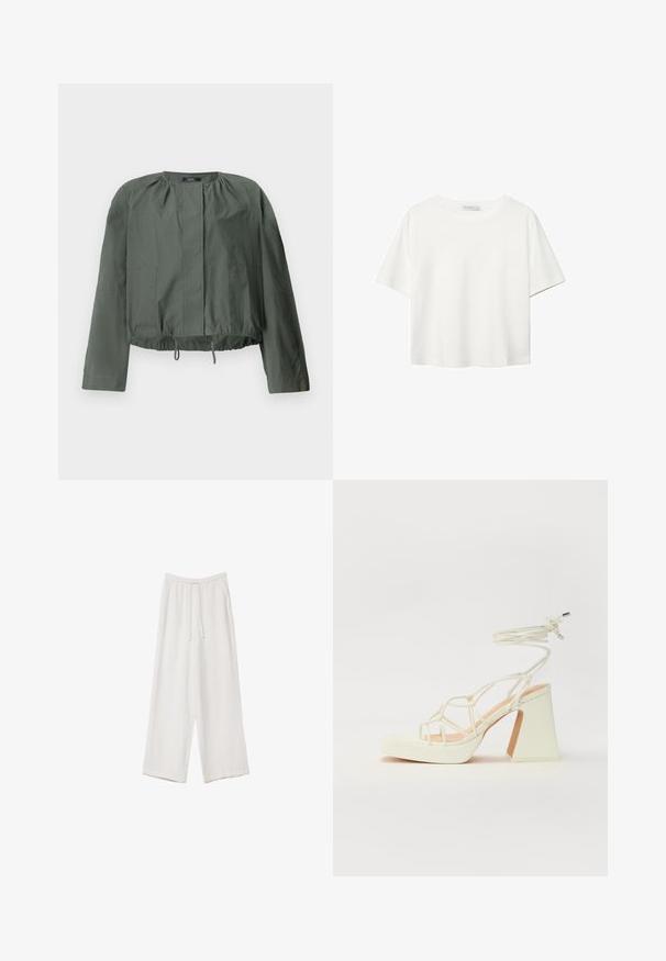 Khaki zelená skrátená bunda s dlhými rukávmi, zhrnutím pri výstrihu, dvoma prednými vreckami a nastaviteľným sťahovacím lemom.; Biela krátkopsová tričko vyrobené z bavlny. Má okrúhly výstrih a voľný strih. Hladká textúra bez viditeľných vzorov alebo akcentov.; Biele široké nohavice vyrobené z ľahkej tkaniny. Obsahujú elastický pás so sťahovacou šnúrkou a bočné vrecká. Hladká textúra.; Biele sandále na vysokom opätku s hrubým podpätkom, s pruhovaným dizajnom a viazaním na členku. Hladký povrch s platformou vpredu pre zvýšenú výšku.