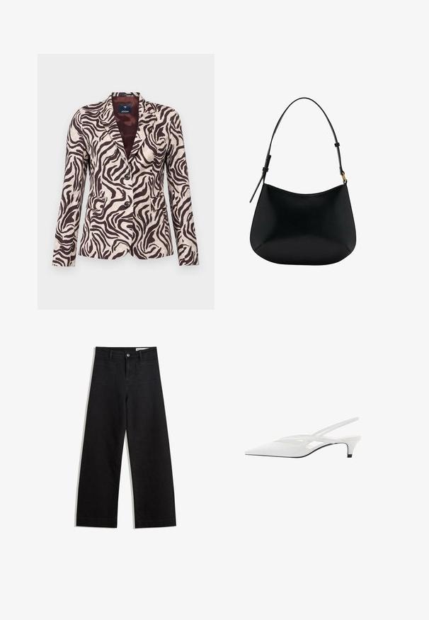 Ein einfarbiger Blazer im Zebra-Muster mit einem hellbeigen Grundton und dunklen braunen Streifen, zwei Fronttaschen, zwei Knöpfen und einem Reverskragen.; Schwarzes Rundhals-T-Shirt aus weicher Baumwolle. Kurze Ärmel, lockere Passform und gerader Saum ohne Verzierungen oder Muster.; Schwarze weit geschnittene Jeans mit hoher Taille, ausgestattet mit Vorder- und Hintertaschen, gesteppten Nähten und einem Knopfverschluss. Glatte Textur.; Weißer Slingback-Absatzschuh mit spitzer Zehenpartie, featuring ein glattes Obermaterial, subtile Ausschnitte und einen niedrigen Blockabsatz. Die schwarze Sohle betont das Design.; Schwarze Ledertasche mit schmalem Design, geschwungener Form und verstellbarem Griff. Verfügt über minimale Nähte und ein schlichtes Design.