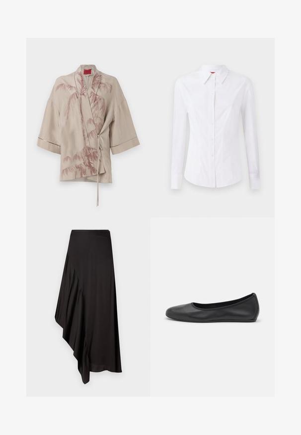 Beige kimono-tyylinen kietaisupaita kevyestä kankaasta, jossa on vaaleanpunainen palmun kuvio ja vyötäröllä sidottava suljin, leveillä hihoilla.; Valkoinen pitkähihaine paita, jossa on terävä kaulus, edessä napitus ja muotoiltu malli. Sileä puuvillakangas, jossa on hienovaraisia ompeluyksityiskohtia.; AERON ASTER SKIRT - Kynähame - black; Musta nahkainen ballerina, jossa on pyöristetty kärki, sileä pinta, minimaalinen ommelkoristelu ja joustava pohjamuotoilu.