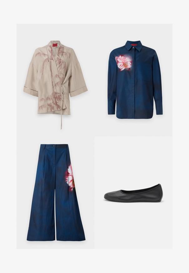 Bež kimono stil wrap top od lagane tkanine, s printom ružičastih palmi i vezanjem u struku, s širokim rukavima.; Tamnoplava majica s cvjetnim uzorkom u ružičastim tonovima na lijevoj strani prsnog dijela, s kragnom na gumbi i jednim džepom sprijeda.; Široke hlače od tamnoplavog materijala, s cvjetnim uzorkom u ružičastoj i žutoj boji s jedne strane, zatvaraju se gumbom u struku.; Crne kožne baletanke s zaobljenim vrhom, glatke teksture, minimalnim detaljima šavova i fleksibilnim dizajnom potplata.