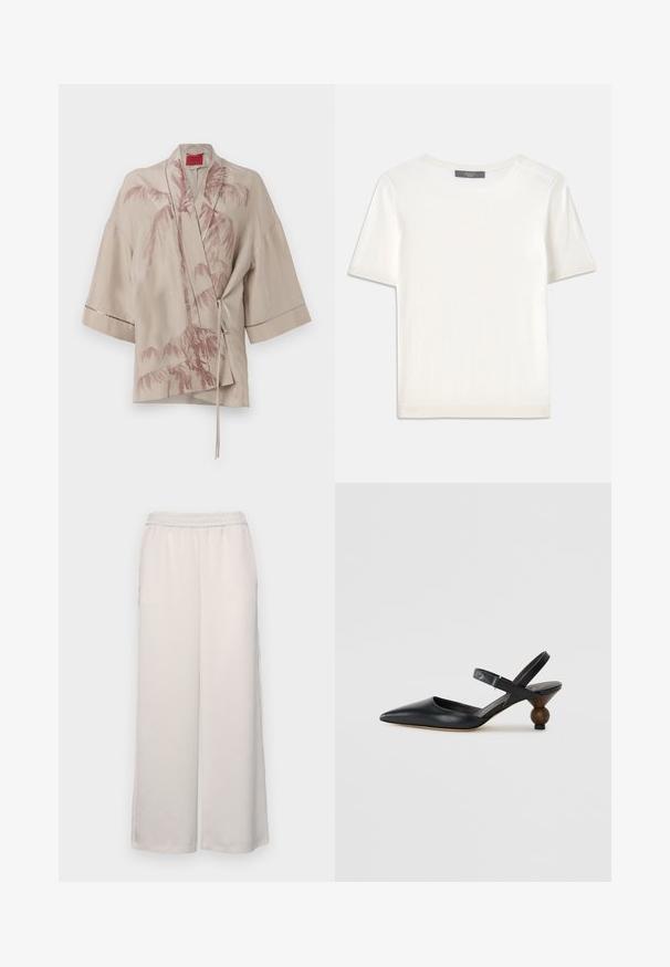 Top de tip kimono bej, dintr-o țesătură ușoară, cu un imprimeu cu palmieri roz și o închidere cu legătură în talie, având mâneci largi.; Top tricotat alb cu mânecă scurtă, cu decolteu rotund, având o textură netedă și accente subtile cu nervuri la mâneci și la margine.; Pantaloni largi de culoare bej deschis, cu talie elastică. Material neted, lungime completă, fără ornamentații sau modele vizibile.; Sandal din piele neagră cu vârf ascuțit, design curbat și toc rotund asemănător cu lemnul. Dispune de o curea îngustă la gleznă.