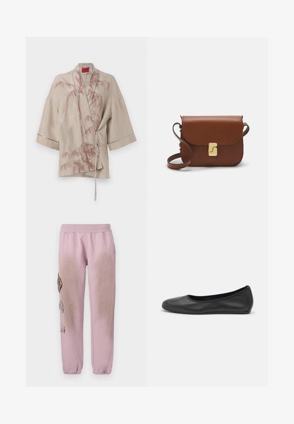 Šviesiai smėlinis kimono stiliaus apatinis švarkelis, pagamintas iš lengvo audinio, su rožiniu palmių medžių raštu ir juosmenyje užrišamu užsegimu, plačiomis rankovėmis.; Balta trumpa rankovėmis marškinėliai, pagaminti iš pasiruošusio audinio. Apvali iškirptė, reguliari tinkamumas ir subtilūs siuvimo detalės. Be raštų ar grafikos.; Rožinės sportinės kelnės su elastinga juosta, kairėje pusėje dekoruotos rombo formos aplikacijomis ir elastingais užkulniais.; Juodai odiniai baletai su apvaliu pirštu, lygi texture, minimalus siuvimo detales ir lanksčiu padų dizainu.; Ruda odinė rankinė su uždaromu dangteliu, aukso spalvos detalėmis, petneša ir lygiu paviršiumi. Kompaktiška stačiakampio formos.