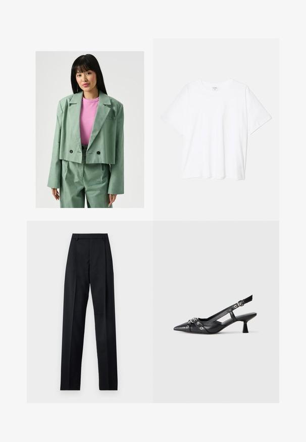 Laurella Bleiser - mint; Valge puuvillane T-särk lühikeste varrukatega, ümmargune kaelus, mugav lõige ja õmmeldud serv. Silt nähtav kaela seest.; Mustad püksid siledast kangast, millel on kõrge vöökoht, laiad jalad, esimesed kortsud ja klassikalised vööloopid. Küljepockets pole nähtavad.; Must must have must toote tõmblukuga, dekoratiivsed rihmad metallist silmadega ja madal blokk-kand. Tekstureeritud pind.