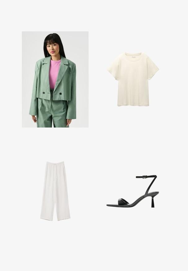 Laurella Blejzer - mint; Svetlo béžové tričko s krátkym rukávom a okrúhlym výstrihom, vyrobené z jemnej, hladkej tkaniny. Má voľný strih a rovný lem.; Biele široké nohavice vyrobené z ľahkej tkaniny. Obsahujú elastický pás so sťahovacou šnúrkou a bočné vrecká. Hladká textúra.; Bershka Sandále na vysokom opätku - black