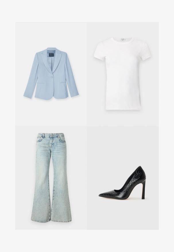 Světle modrý blejzr vyrobený z měkké tkaniny, s jedním knoflíkem, klopovými límci, dvěma předními kapsami a dlouhými rukávy.; Bílý žebrovaný tričko s krátkým rukávem a kulatým výstřihem. Tkanina vypadá hladce a má těsný siluetu. Značkový štítek je viditelný na límci.; Světle modré zvonové džíny vyrobené z denimu, s vysokým pasem, kapsami a roztrhanými lemy. Tkanina má vybledlý omak a jemnou strukturu.; Černý lodičkový bot s špičatou špičkou, pokrytý texturou krokodýlí kůže, s elegantním designem, vysokým stiletto podpatkem a hladkým černým interiérem.