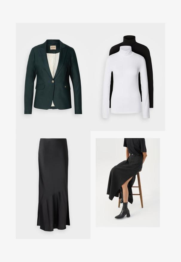 Mos Mosh BLAKE NIGHT - Blazer - dark pine; Duas blusas de gola alta de manga longa, uma branca e uma preta, feitas de um tecido liso e elástico, ambas com um design justo e colares altos.; Saia midi em cetim preto com um design elegante, apresentando um leve esvoaçar na bainha e uma abertura lateral para facilitar os movimentos. Textura suave.; Saia maxi de linho preta com uma fenda alta, usada com uma t-shirt preta e botas cano curto pretas. Design minimalista com um corte descontraído.
