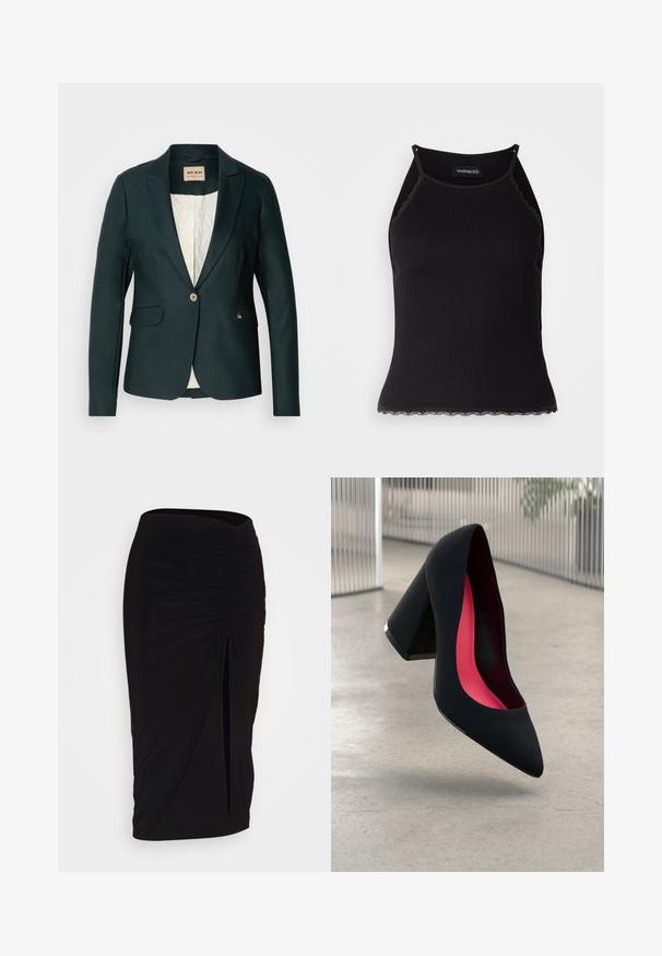 Mos Mosh BLAKE NIGHT - Bleizeris - dark pine; Juodas raštuotas marškinėlis be rankovių su banginiu nėriniu apdaila apatine dalimi. Savybės: plonos petnešos ir prigludusi forma. Pagaminta iš tamprios medžiagos.; Juoda, raukšlėta pieštuko sijonas su raišteliu ir šoniniu įpjovimu. Pagamintas iš elastingos medžiagos, pasižymi lygiu paviršiumi ir prigludusia forma.; Juodas aukštakulnis batai su smailiu pirštu, su tekstūruota paviršiumi ir ryškiai rožiniu vidumi. Su tiek dideliu kulnu, tiek sidabriniu akcentu.